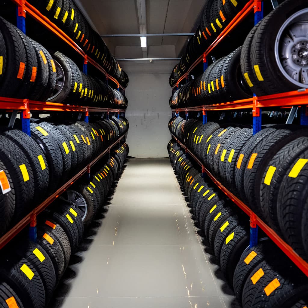 Profesjonelt dekkhotell med organisert dekklagring